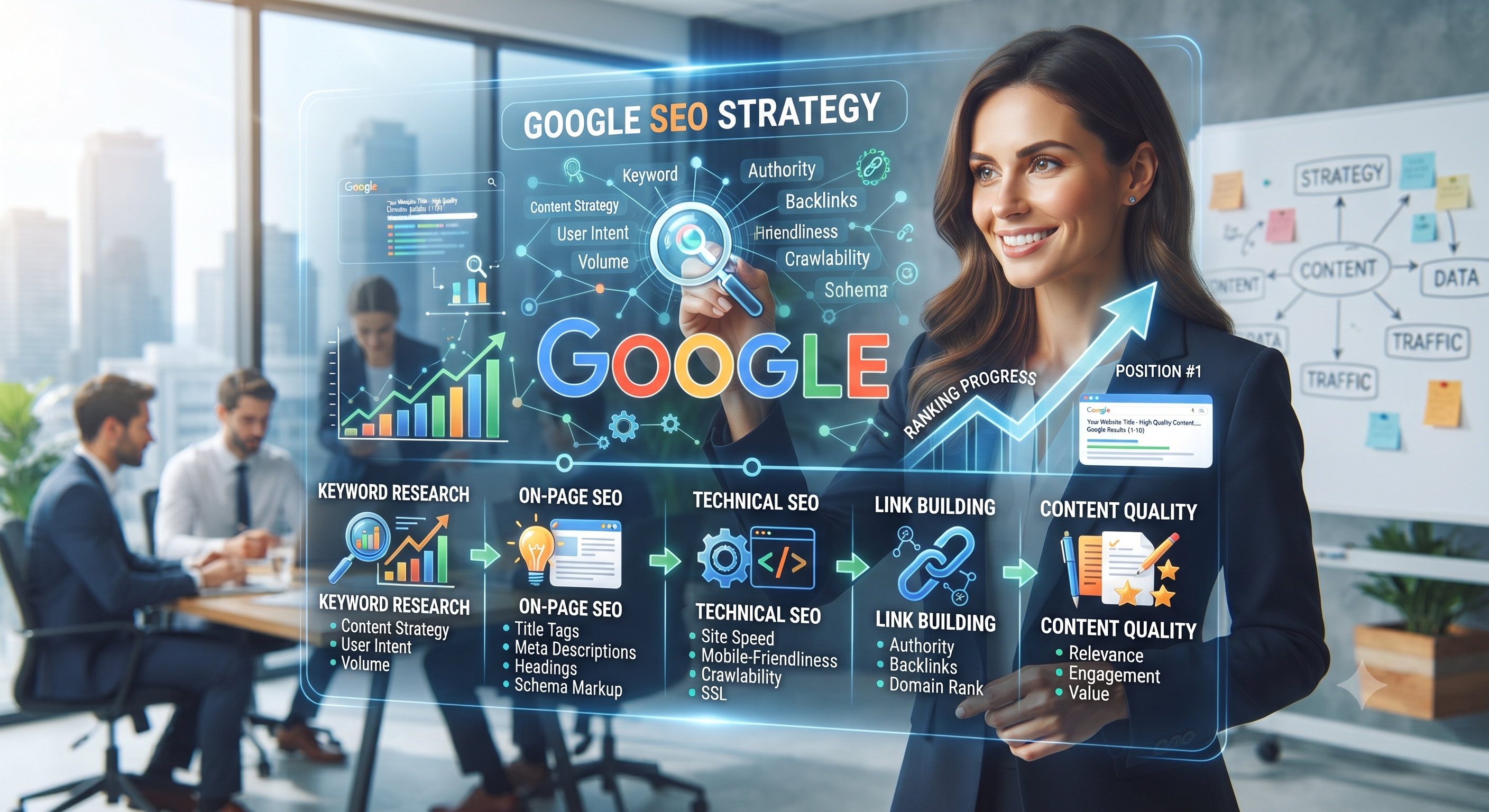On-Page SEO optimization showing title tags, meta descriptions, keyword research, headings, and website optimization.