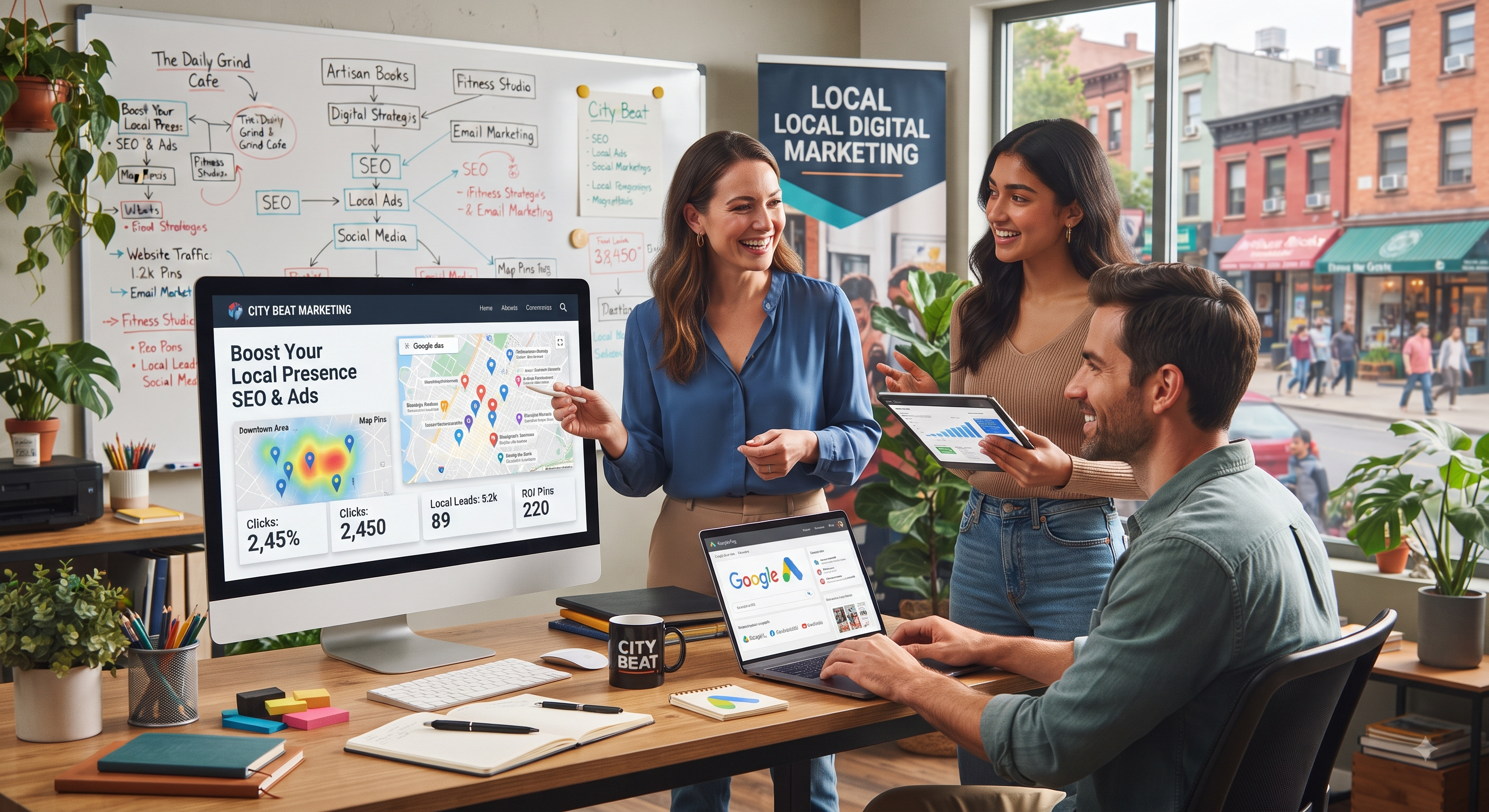 Local digital marketing strategy helping businesses attract nearby customers through SEO, Google search, social media, and online advertising.